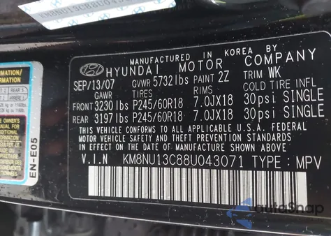 2008 Hyundai Veracruz Gls/Limited/Se from USA, damaged, VIN KM8NU13C88U043071